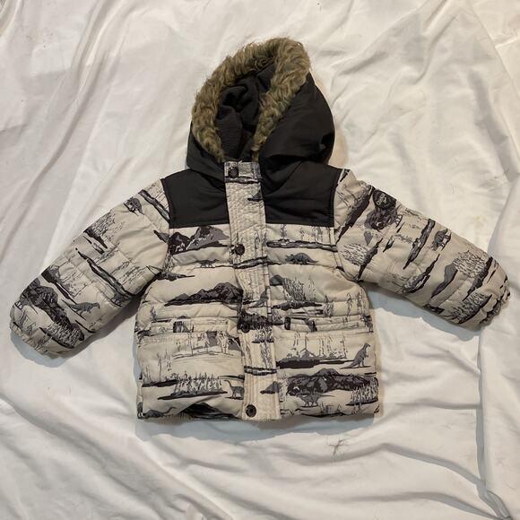 Osh Kosh B’Gosh Dinosaurs Puffer Coat Jacket Boy’s 2T Winter Hood Fleece Lined - Picture 1 of 8